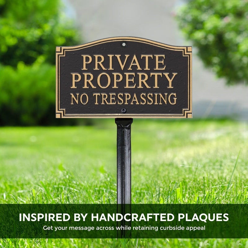 SmartSign Private Property No Trespassing Metal Plaque - GardenBoss Statement Yard Sign 5.75" x 9.5" Solid Heavy Duty Cast Aluminum Plaque with 18" Black Lawn Stake, Made in USA - Image 2